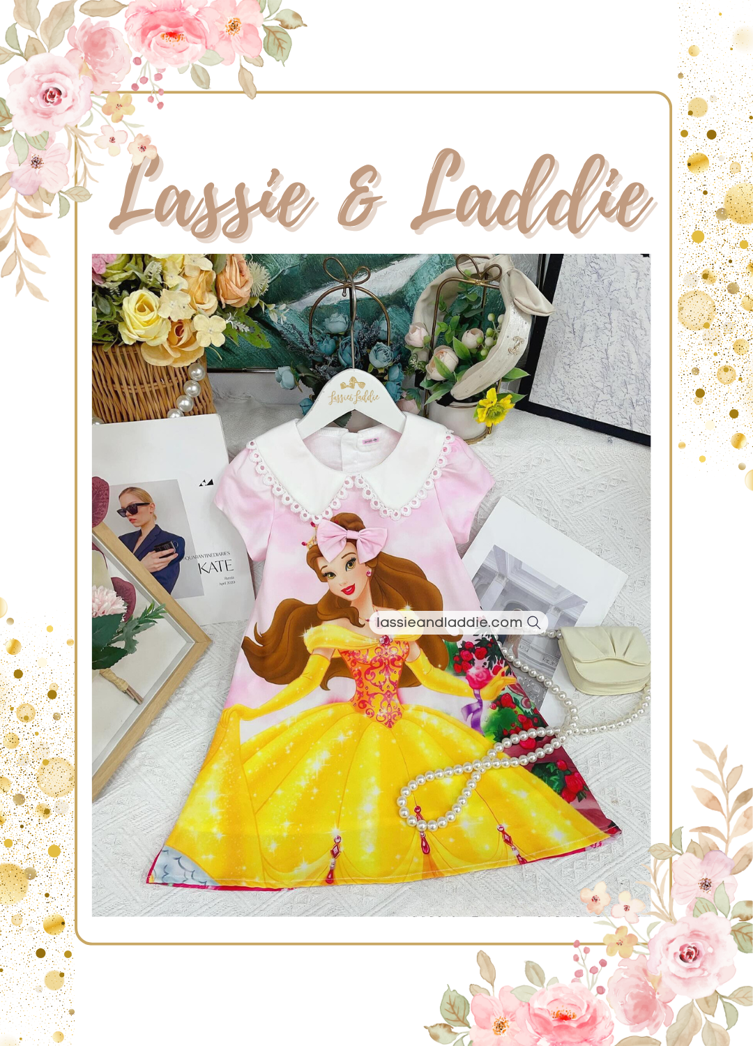 Belle-Inspired Yellow Princess Dress with Pink Accents (K177)