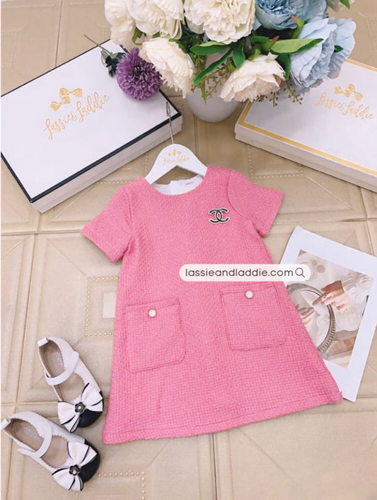 Chic Pink Tweed Dress with Pearl Button Accents (CC528)