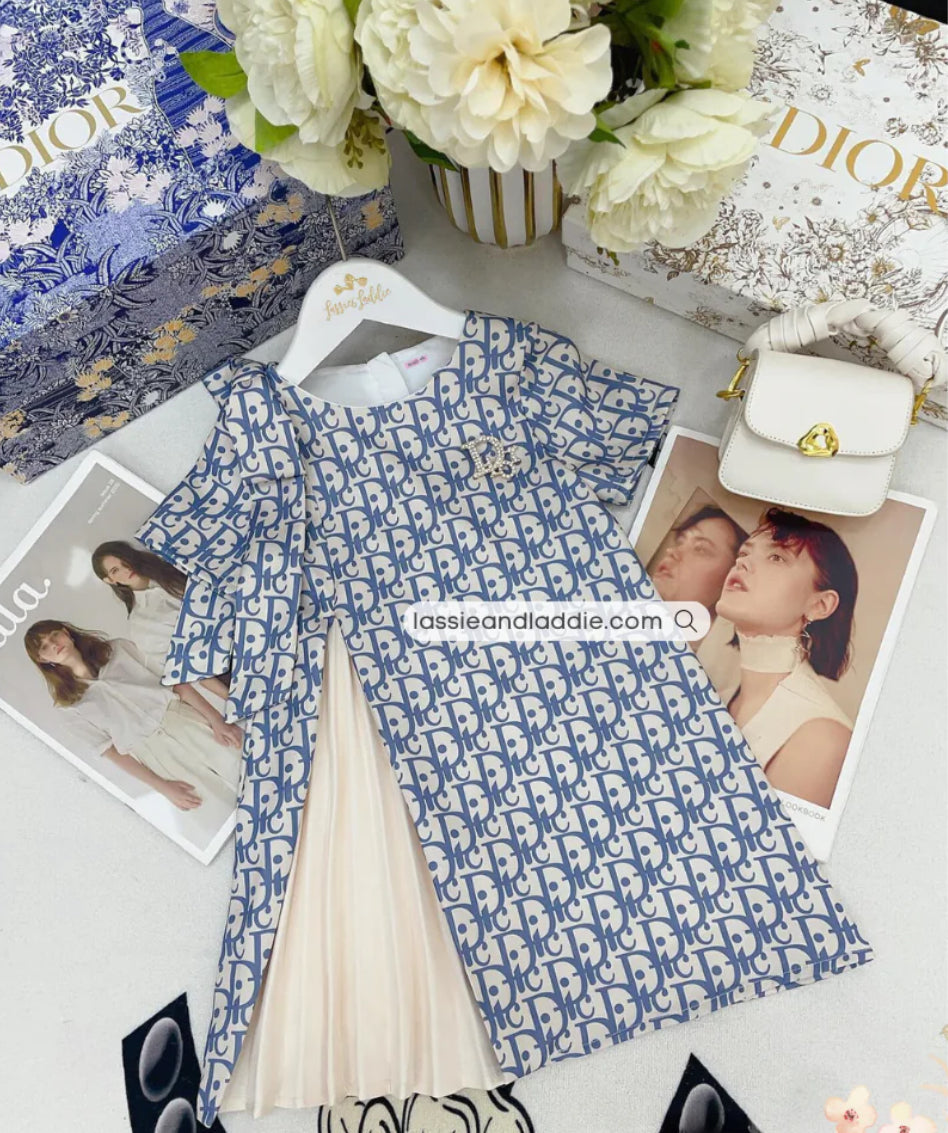 Dior-Inspired Blue & White Monogram Dress with Pleated Contrast w/ Brooch (CD456)